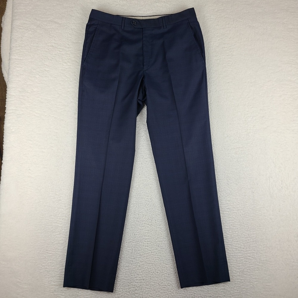 Santorelli Pants Mens 35x32 Blue Navy Plaid Romeo Straight Trousers Dress Slacks